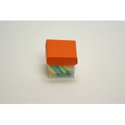conditionnement carton : boites à dragées « vitamine - mini cube fond transparent + couvercle » orange   (les 10)